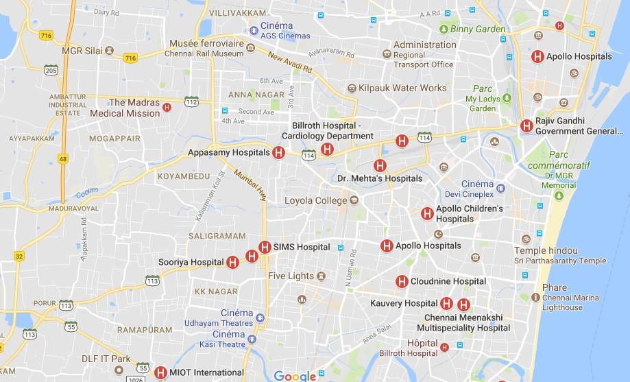 karte Chennai Slimnīcas 